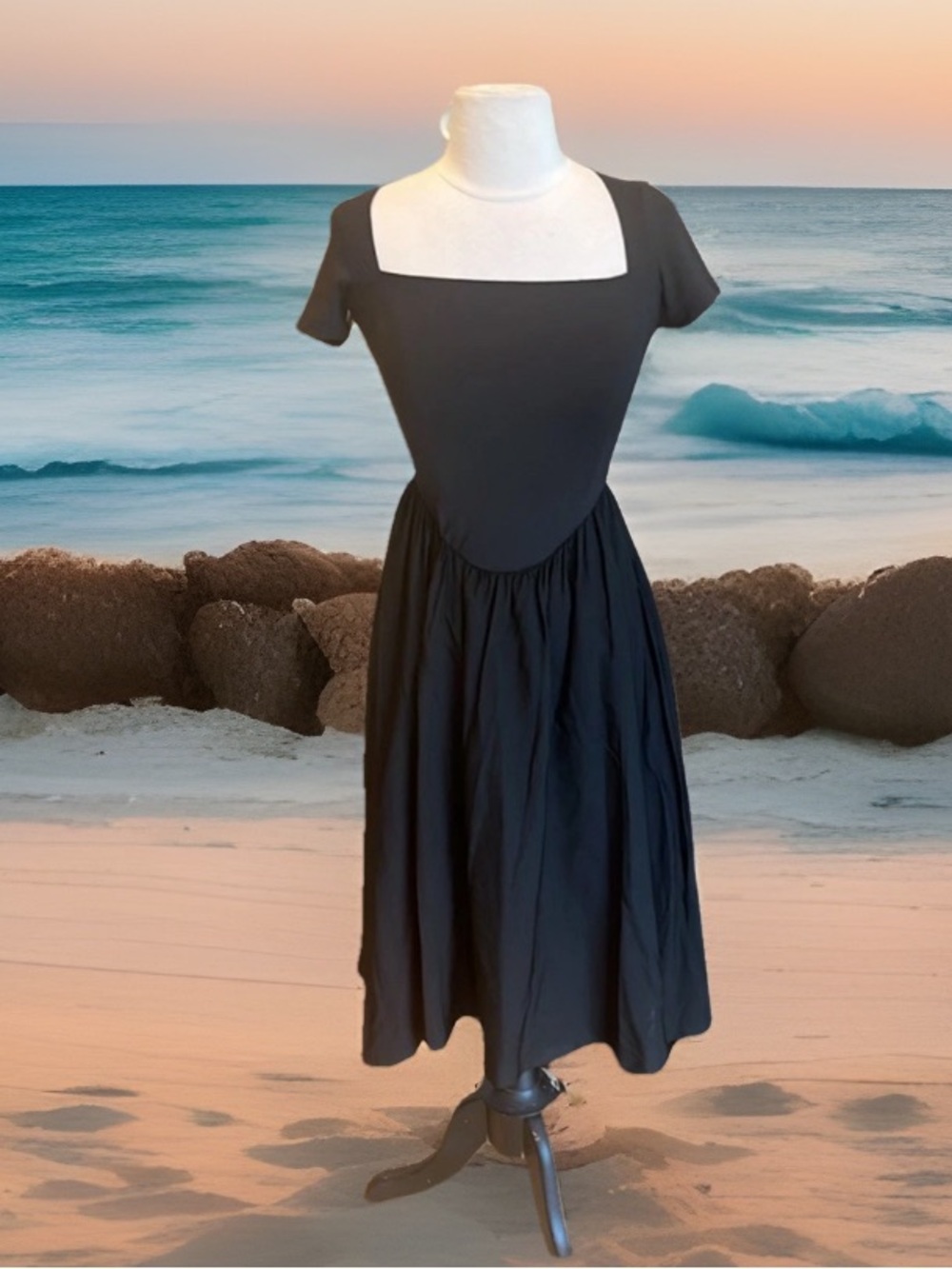 CHYRII Black Fit and Flare Dress New Midi